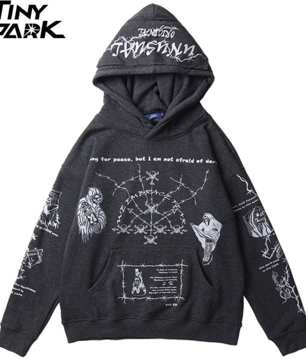 Tiny Spark - Tiny Spark - Hoodie Sweatshirt Men Streetwear Skull Graffiti Print Hoodie Pullover Cotton Grey Harajuku Punk Clothes - Givin