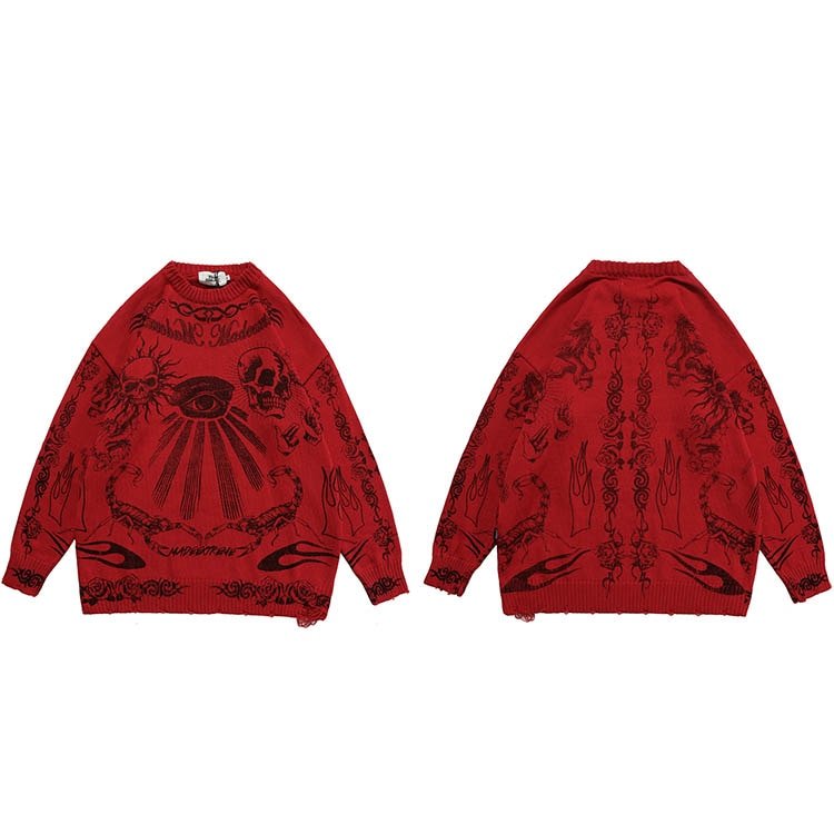 Tiny Spark - Tiny Spark - Knitted Sweater Streetwear Rose Eye Scorpion Print Ripped Pullover Men Harajuku Cotton Casual Sweater Skull - Givin