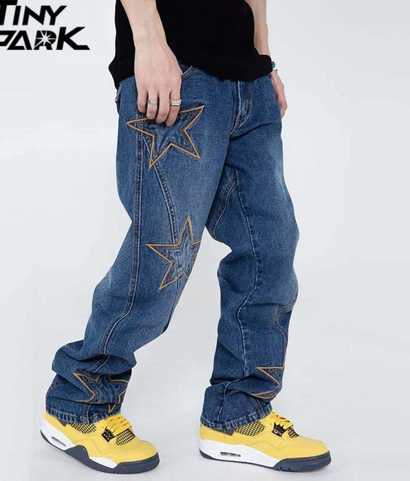 Tiny Spark - Tiny Spark - Men Streetwear Denim Pants Embroidery Stars Denim Pants Harajuku Cotton Joggers Jeans Trousers Harem Pants Black - Givin