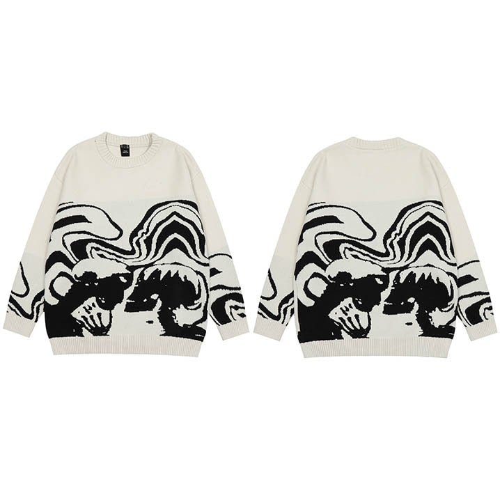 Tiny Spark - Tiny Spark - Men Streetwear Sweater Retro Painting Skull Graphic Knitted Sweater Vintage Pullover Casual Wool Sweater Hipster - Givin