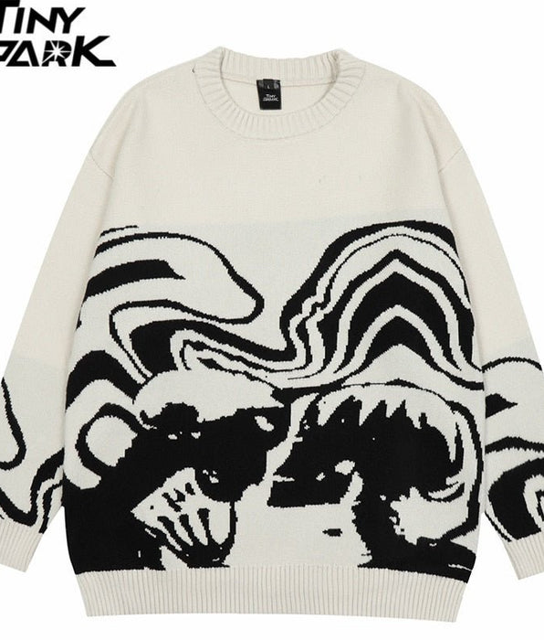 Tiny Spark - Tiny Spark - Men Streetwear Sweater Retro Painting Skull Graphic Knitted Sweater Vintage Pullover Casual Wool Sweater Hipster - Givin