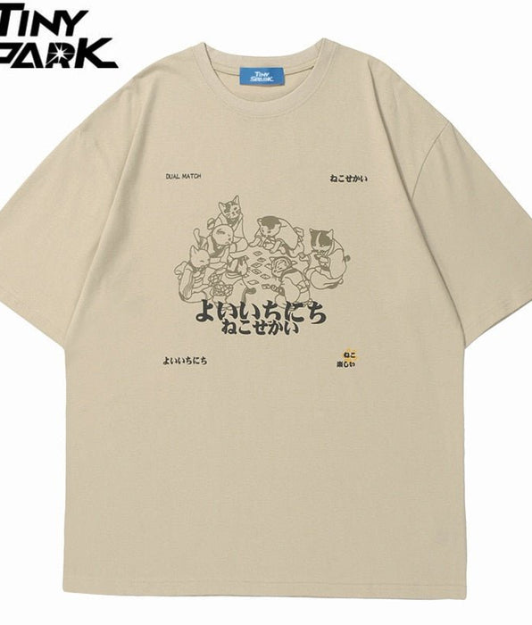 Tiny Spark - Tiny Spark - Men Streetwear T Shirt Japanese Kanji Animals Print T-Shirt Harajuku Cotton Casual Short Sleeve Tshirt White - Givin