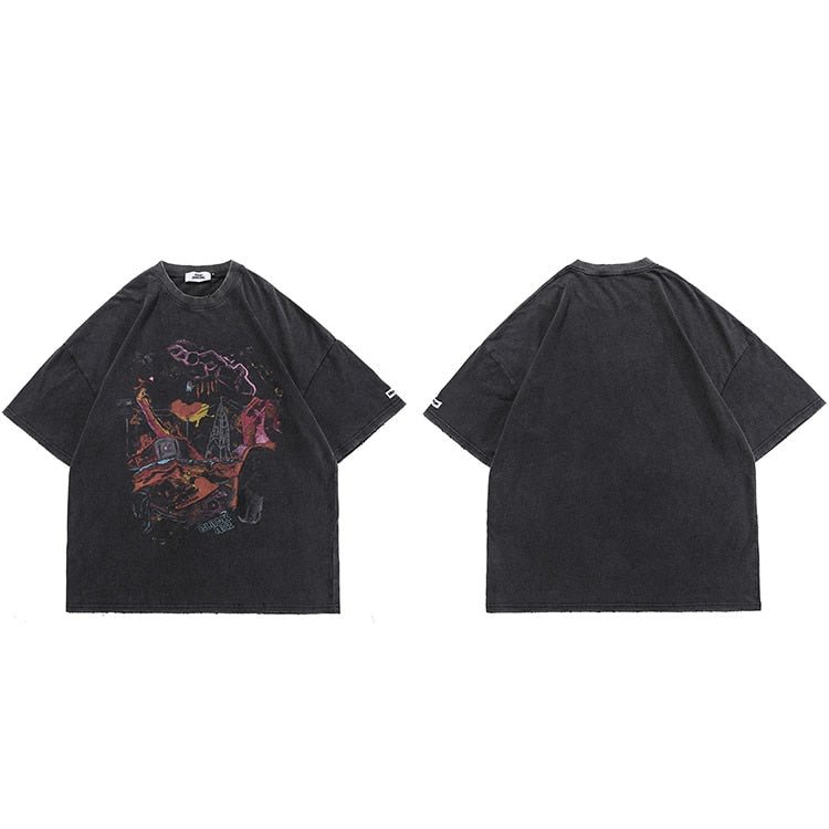 Tiny Spark - Tiny Spark - Oversize Washed T-Shirt Streetwear Harajuku Ripped Graphic Printed T Shirt Men Short Sleeve Tshirt - Givin