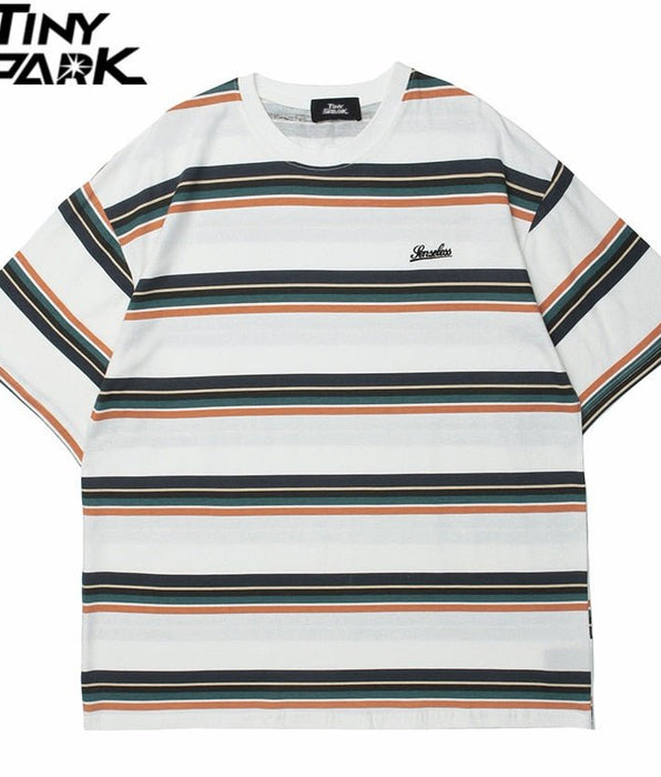 Tiny Spark - Tiny Spark - Streetwear Tshirt Striped Print T-Shirt Harajuku Cotton Loose Short Sleeve T Shirt Men Tops Tees - Givin