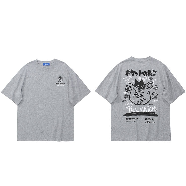 Tiny Spark - Tiny Spark - T-Shirt Men Streetwear Japanese Kanji Funny Cat Printed T Shirt Men Harajuku Cotton Casual Short Sleeve Tshirt Tops - Givin