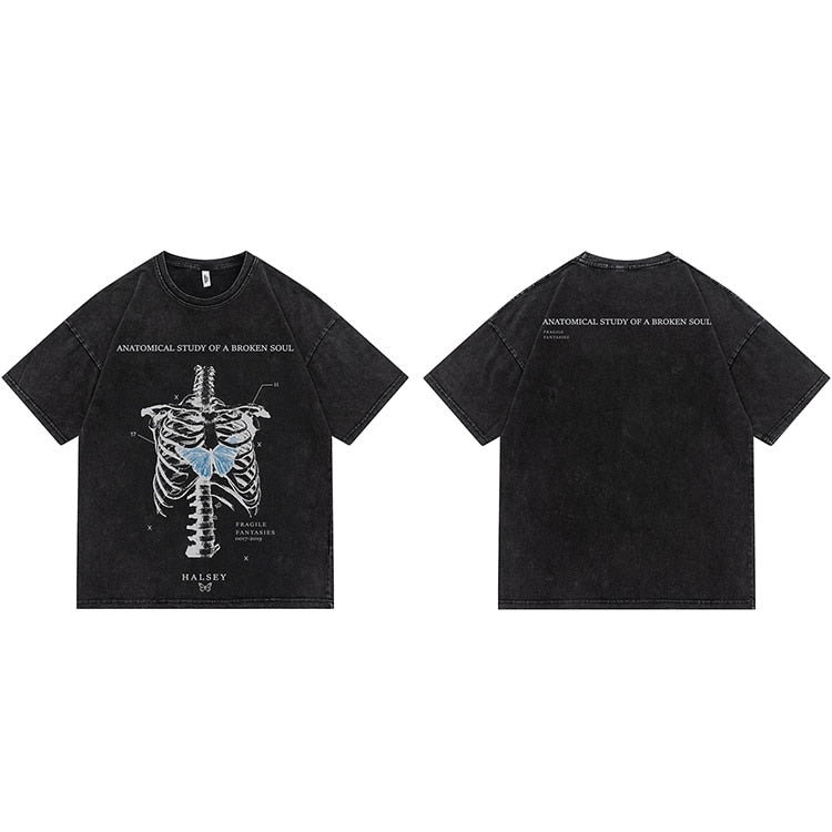 Tiny Spark - Tiny Spark - Washed T-Shirt Men Streetwear Butterfly Skeleton Printed T Shirt Harajuku Cotton Casual Short Sleeve Tshirt - Givin