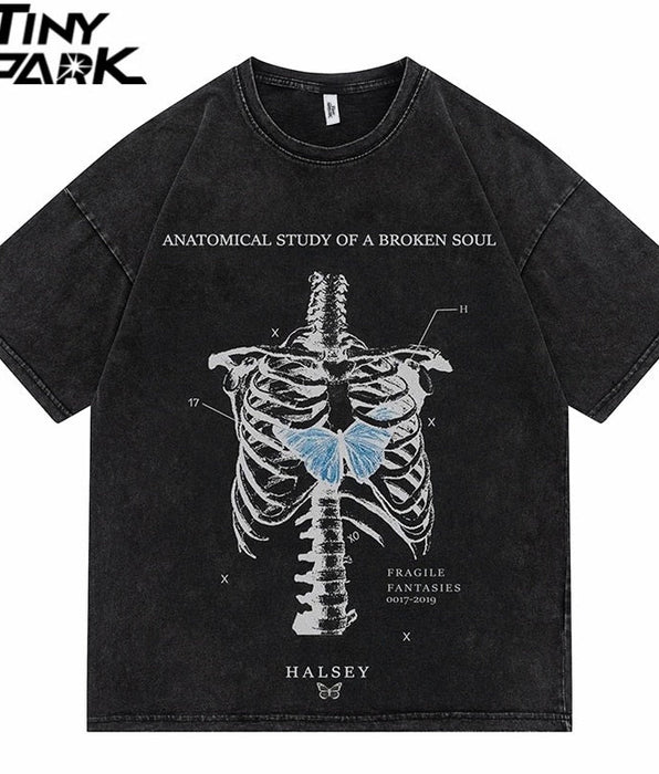 Tiny Spark - Tiny Spark - Washed T-Shirt Men Streetwear Butterfly Skeleton Printed T Shirt Harajuku Cotton Casual Short Sleeve Tshirt - Givin